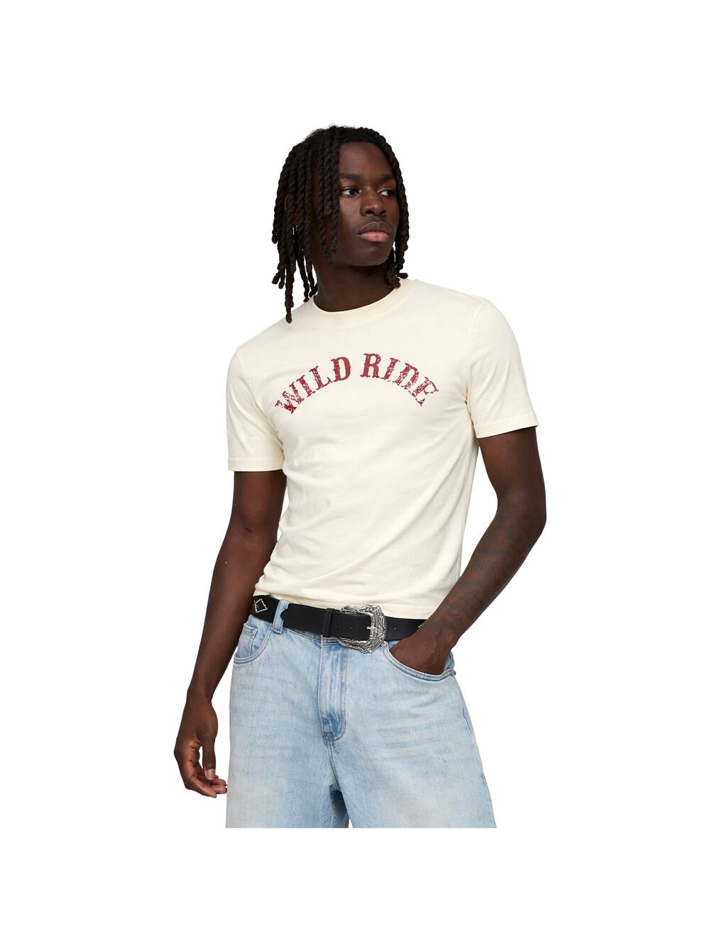 BoohooMAN Ecru “Wild Ride” Graphic Tee Men’s Slim Fit T-Shirt Size Large